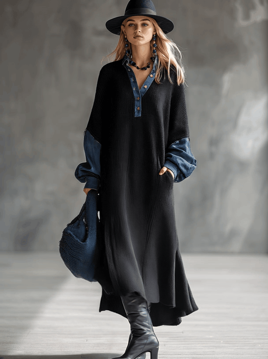 GY Knitted Denim Trim Maxi Dress Casual Black Long Sleeve