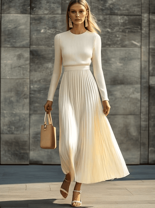CSS Knitted Satin Pleated Hem Long Sleeve Maxi Dress