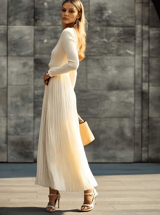 CSS Knitted Satin Pleated Hem Long Sleeve Maxi Dress
