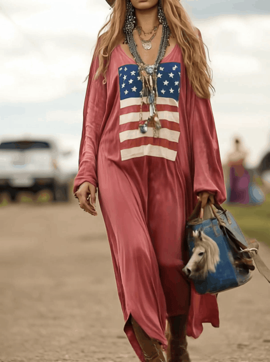 Vintage Cotton Flag Print Long Sleeve Maxi Dress Casual