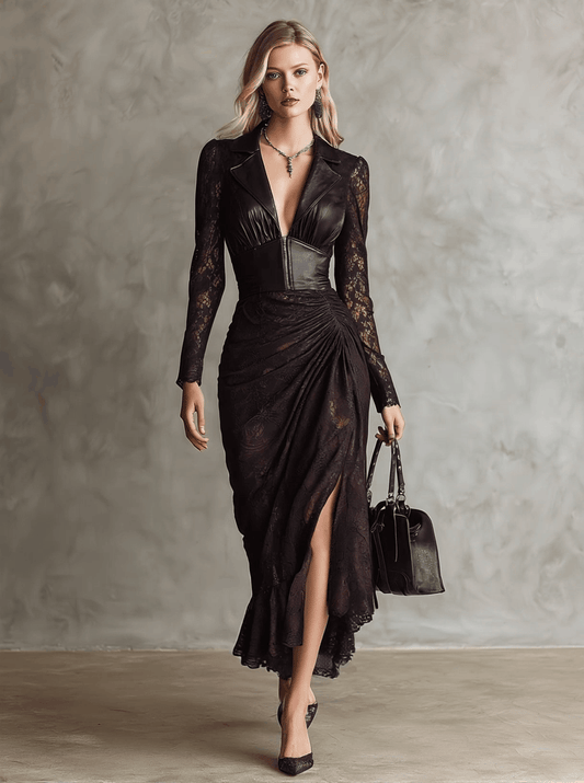 Retro Brown-red Faux Leather Lace Long-sleeve Maxi Dress
