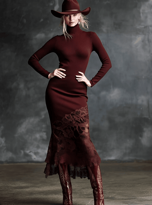 ZT High-Neck Lace Hem Burgundy Knitted Maxi Dress