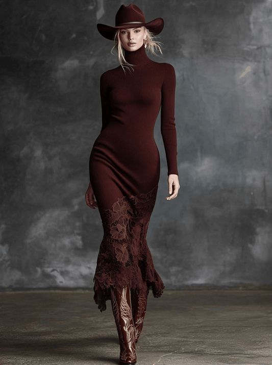 ZT High-Neck Lace Hem Burgundy Knitted Maxi Dress