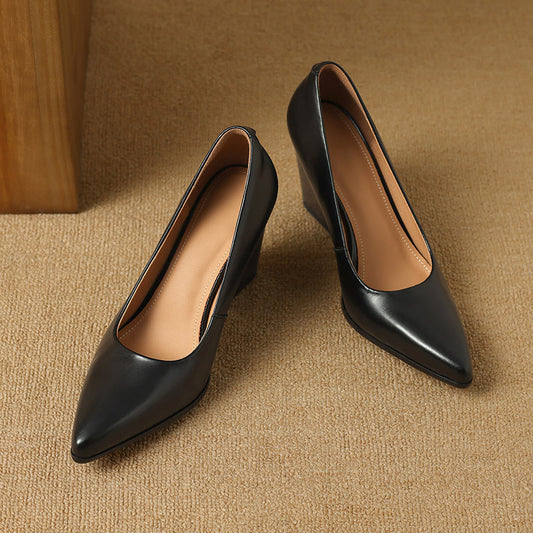 Amelier Women's Leather Pumps Pointed Toe Block Heel