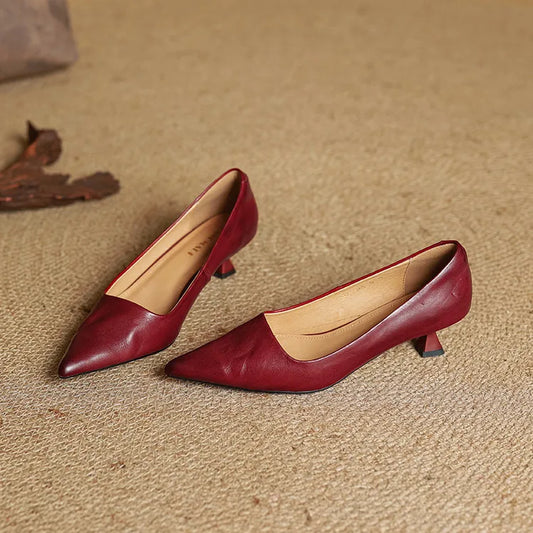 Amelier Women's Leather Kitten Heels Pointed Toe Slim Maroon