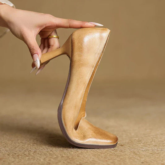 Amelier Women's Leather Pumps Square Toe Block Heel Coffee