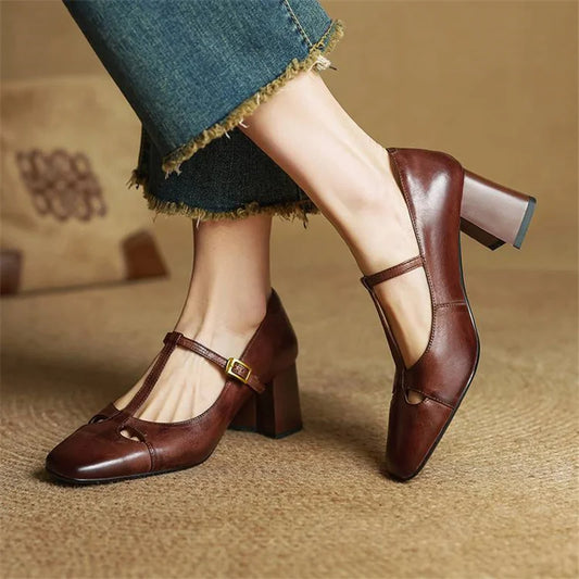 Amelier Women's Leather Pumps Block Heel Brown