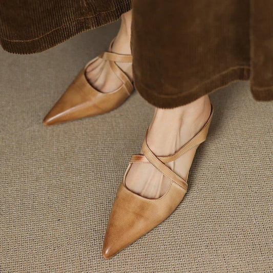 Amelier Women's Leather Mules Pointed Toe Block Heel Maroon