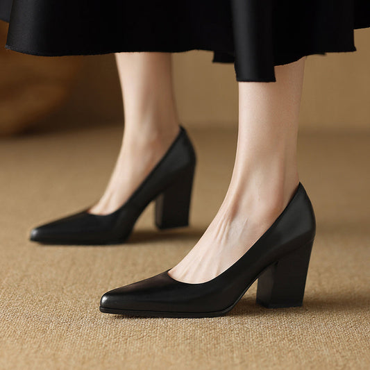 Amelier Women's Leather Pumps Pointed Toe Block Heel