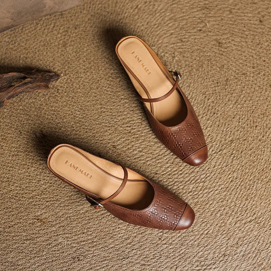 Amelier Women's Leather Mary Jane Mules Block Heel