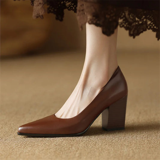 Amelier Women's Leather Pumps Pointed Toe Block Heel