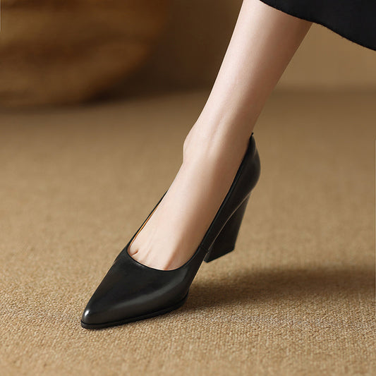 Amelier Women's Leather Pumps Pointed Toe Block Heel