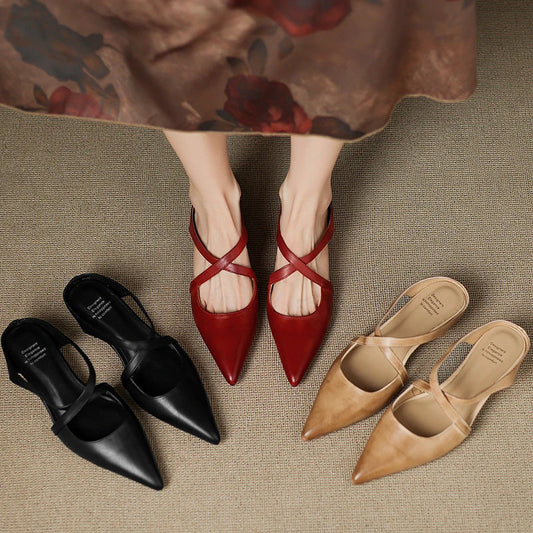 Amelier Women's Leather Mules Pointed Toe Block Heel Maroon