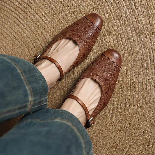Amelier Women's Leather Mary Jane Mules Block Heel Brown