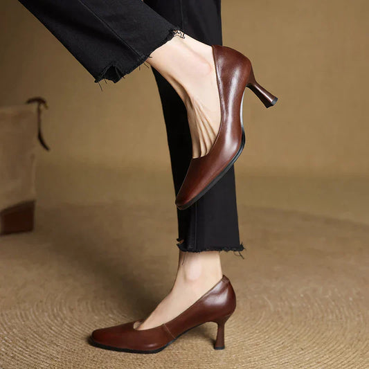 Amelier Women's Leather Pumps Square Toe Block Heel Coffee