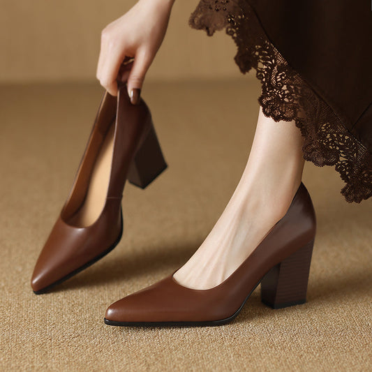 Amelier Women's Leather Pumps Pointed Toe Block Heel