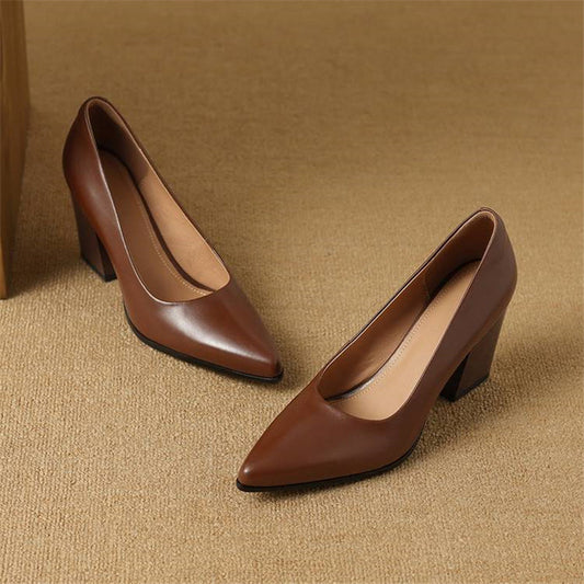 Amelier Women's Leather Pumps Pointed Toe Block Heel