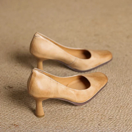 Amelier Women's Leather Pumps Square Toe Block Heel Coffee