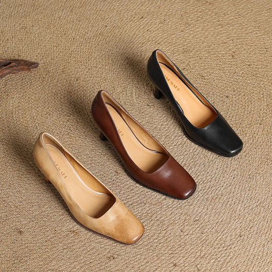 Amelier Women's Leather Pumps Square Toe Block Heel Coffee