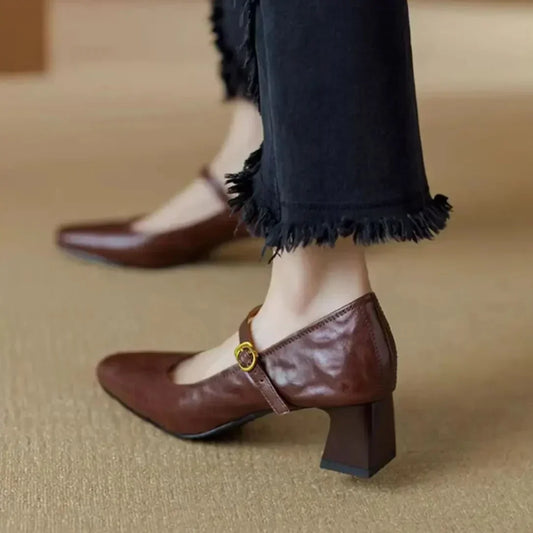 Amelier Women's Leather Mary Jane Heels Square Toe Brown