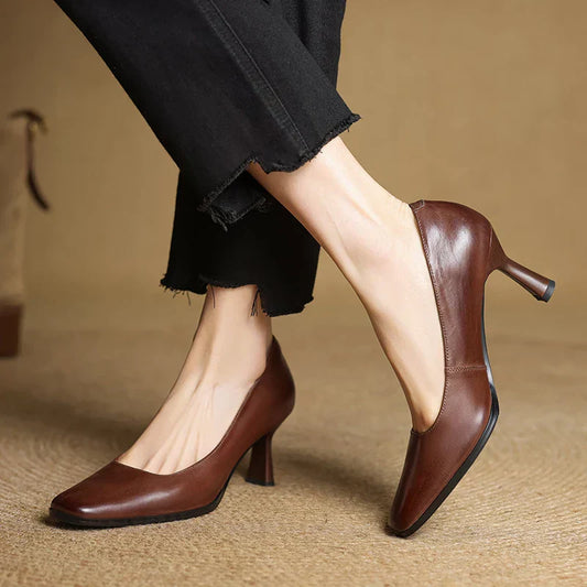 Amelier Women's Leather Pumps Square Toe Block Heel Coffee