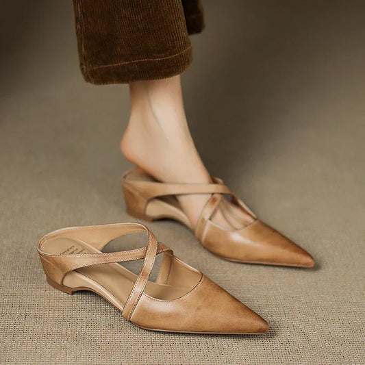 Amelier Women's Leather Mules Pointed Toe Block Heel Maroon