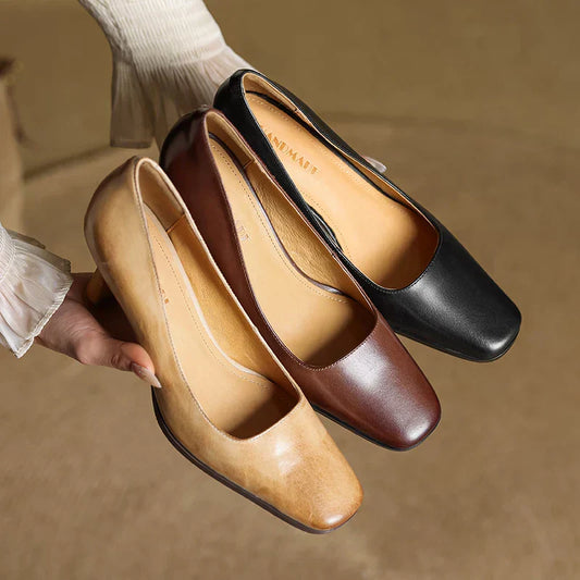 Amelier Women's Leather Pumps Square Toe Block Heel Coffee