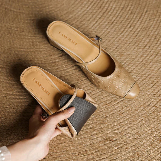 Amelier Women's Leather Mary Jane Mules Block Heel Brown