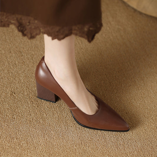 Amelier Women's Leather Pumps Pointed Toe Block Heel
