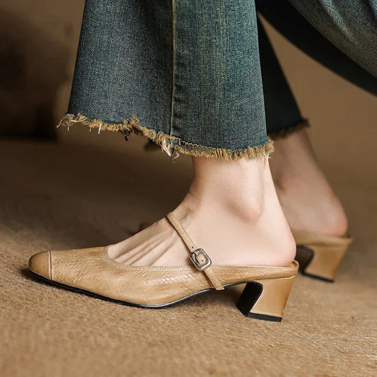 Amelier Women's Leather Mary Jane Mules Block Heel Brown
