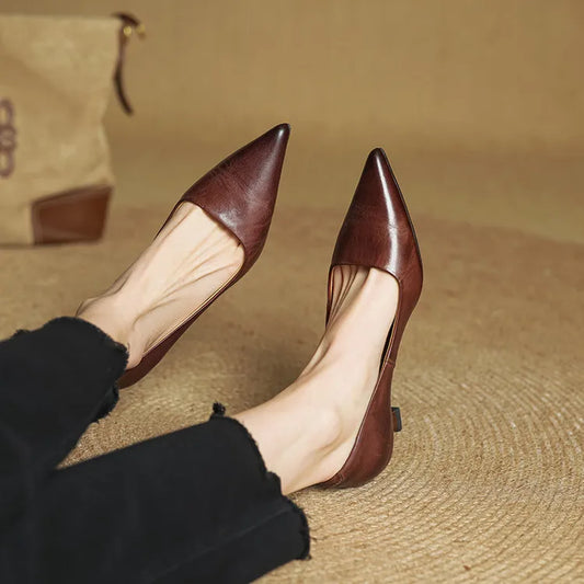 Amelier Women's Leather Kitten Heels Pointed Toe Black