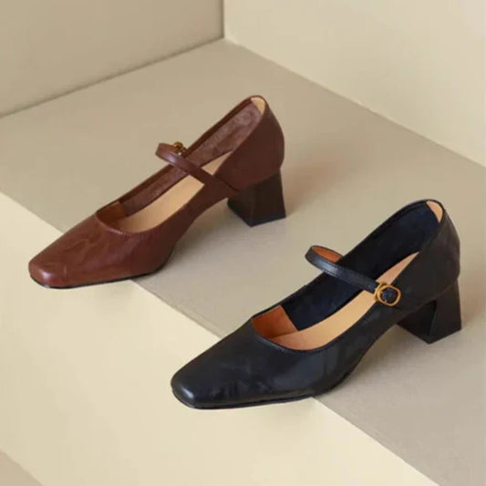 Amelier Women's Leather Mary Jane Heels Square Toe Brown