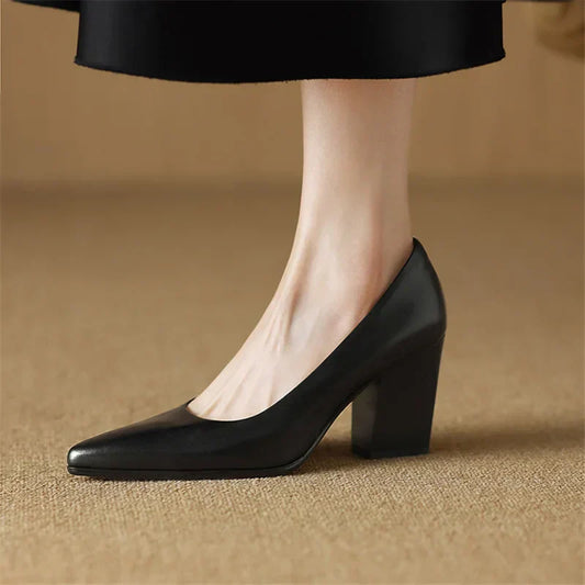 Amelier Women's Leather Pumps Pointed Toe Block Heel