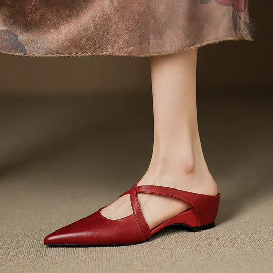 Amelier Women's Leather Mules Pointed Toe Block Heel Maroon