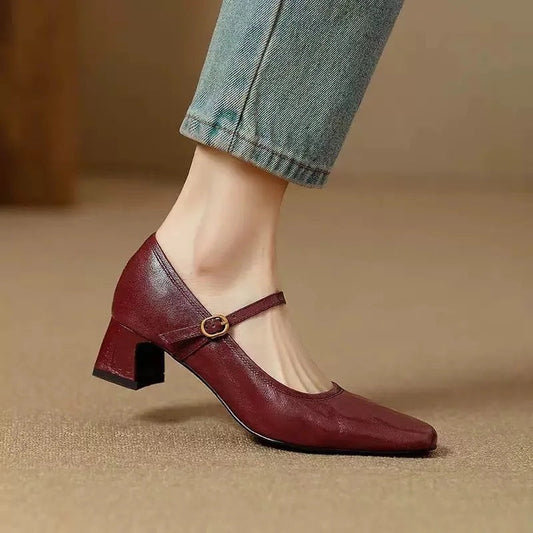 Amelier Women's Leather Mary Jane Heels Square Toe Brown