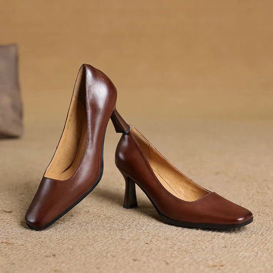 Amelier Women's Leather Pumps Square Toe Block Heel Coffee
