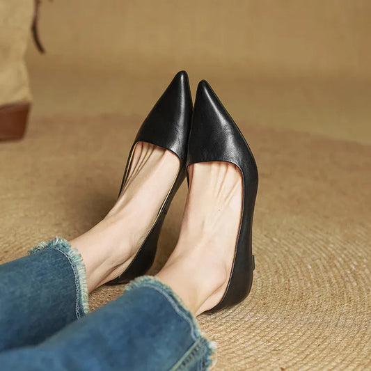 Amelier Women's Leather Kitten Heels Pointed Toe Black