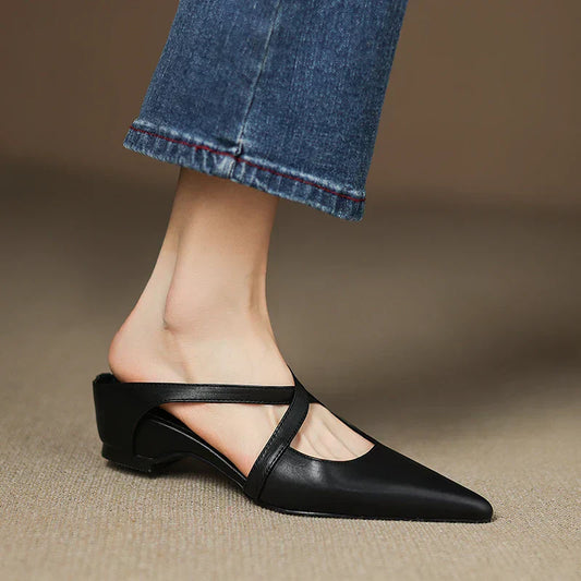 Amelier Women's Leather Mules Pointed Toe Block Heel Maroon