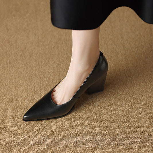 Amelier Women's Leather Pumps Pointed Toe Block Heel