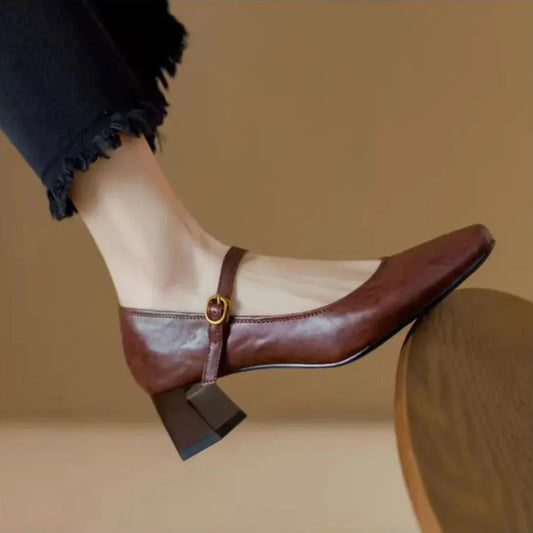 Amelier Women's Leather Mary Jane Heels Square Toe Brown