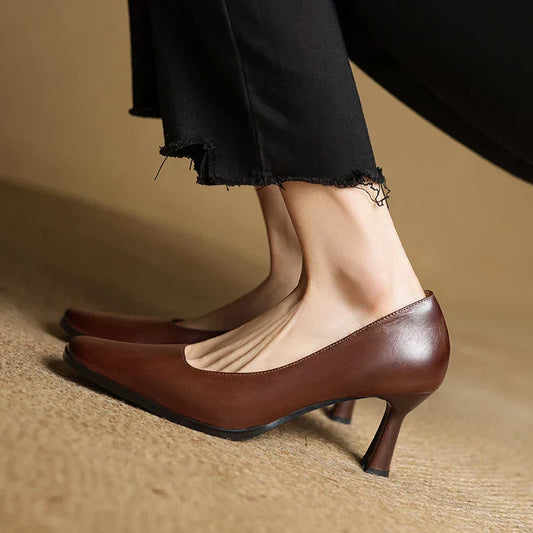 Amelier Women's Leather Pumps Square Toe Block Heel Coffee