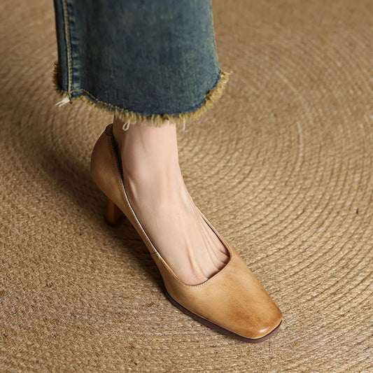 Amelier Women's Leather Pumps Square Toe Block Heel Coffee