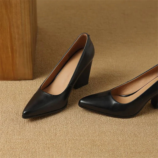 Amelier Women's Leather Pumps Pointed Toe Block Heel