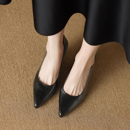 Amelier Women's Leather Pumps Pointed Toe Block Heel