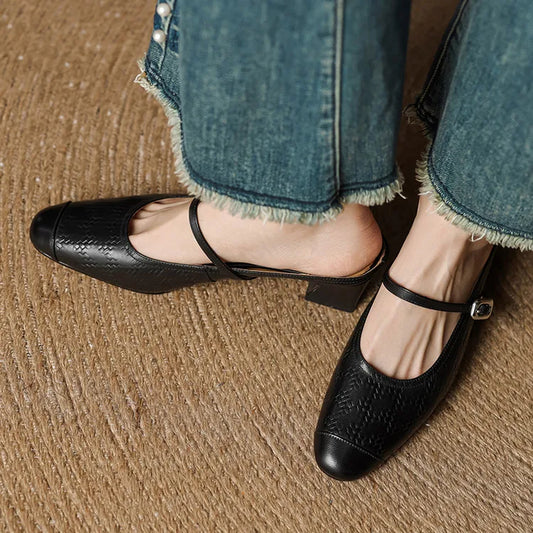 Amelier Women's Leather Mary Jane Mules Block Heel