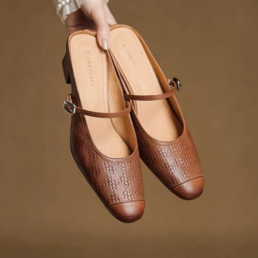Amelier Women's Leather Mary Jane Mules Block Heel