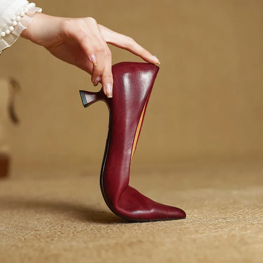 Amelier Women's Leather Kitten Heels Pointed Toe Slim Maroon