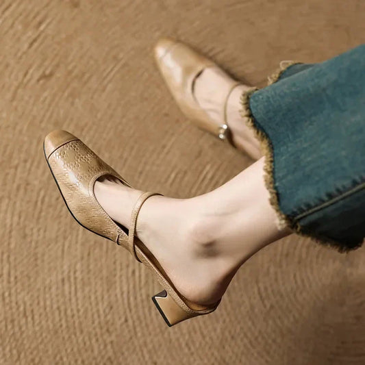 Amelier Women's Leather Mary Jane Mules Block Heel Brown