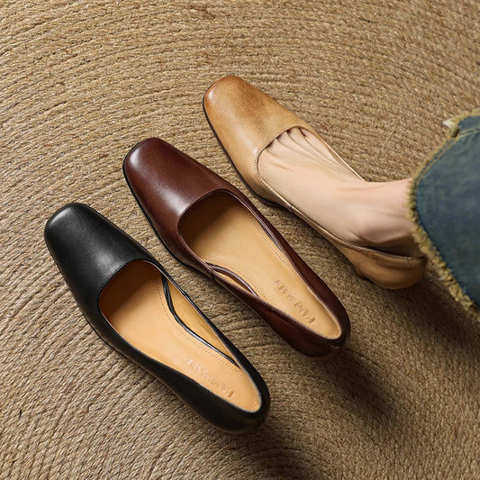 Amelier Women's Leather Pumps Square Toe Block Heel Coffee
