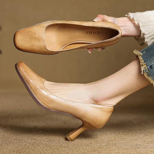 Amelier Women's Leather Pumps Square Toe Block Heel Coffee
